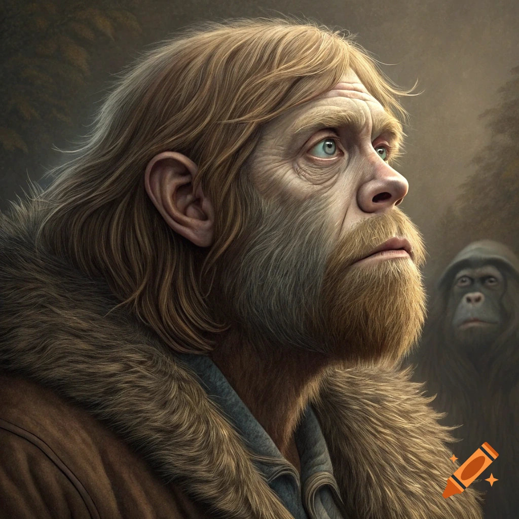 Detailed portrait of a human-ape figure in a furry coat, looking up, with another ape in the blurry background.