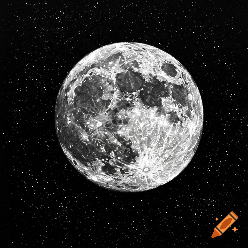 A detailed charcoal drawing of the full moon and stars.
