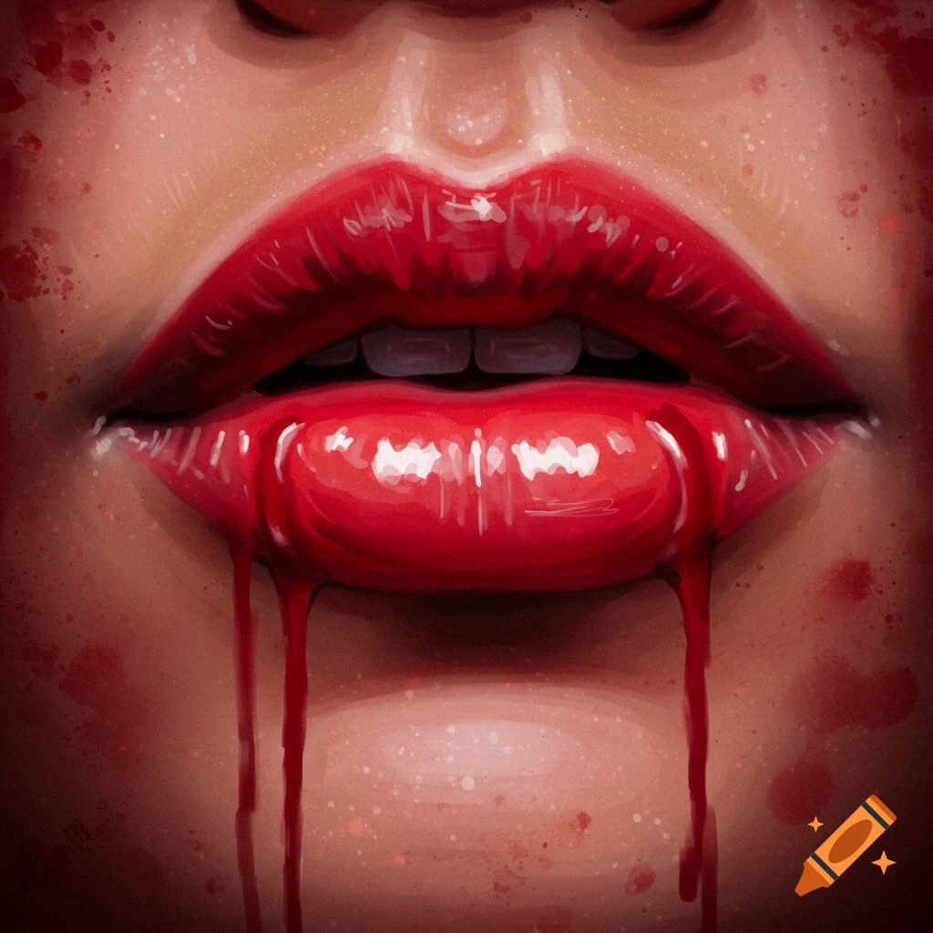 Red lips with liquid dripping like blood.