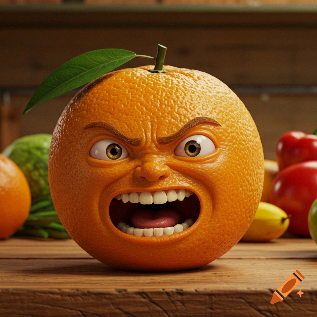 An angry anthropomorphic orange with eyes and a mouth sits on a wooden table with other fruits.