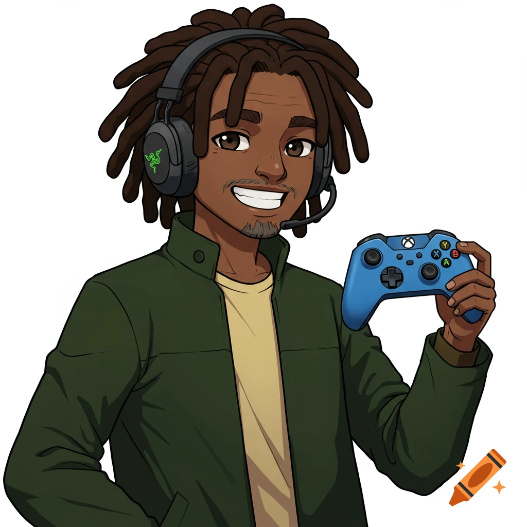 Anime style portrait of a young man with dreads, wearing headphones and holding a blue Xbox controller.