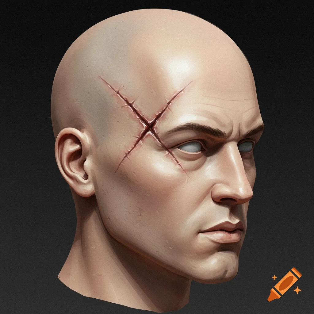 A bald man with a large X-shaped scar on his forehead and pale eyes