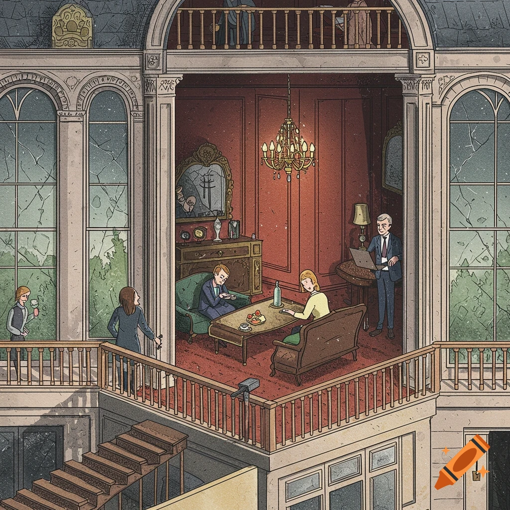 Illustration of people inside a grand building seen from outside balconies, emphasizing a view into their lives.