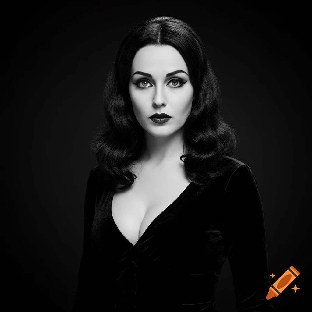 Black and white portrait of a woman with dark hair and makeup wearing a low-cut dress