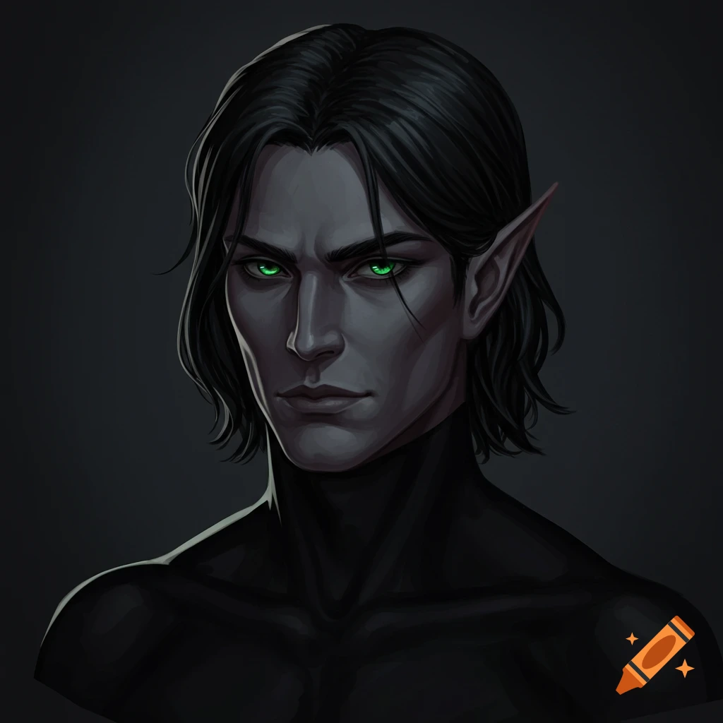 A dark fantasy portrait of an elf with green eyes and black hair.