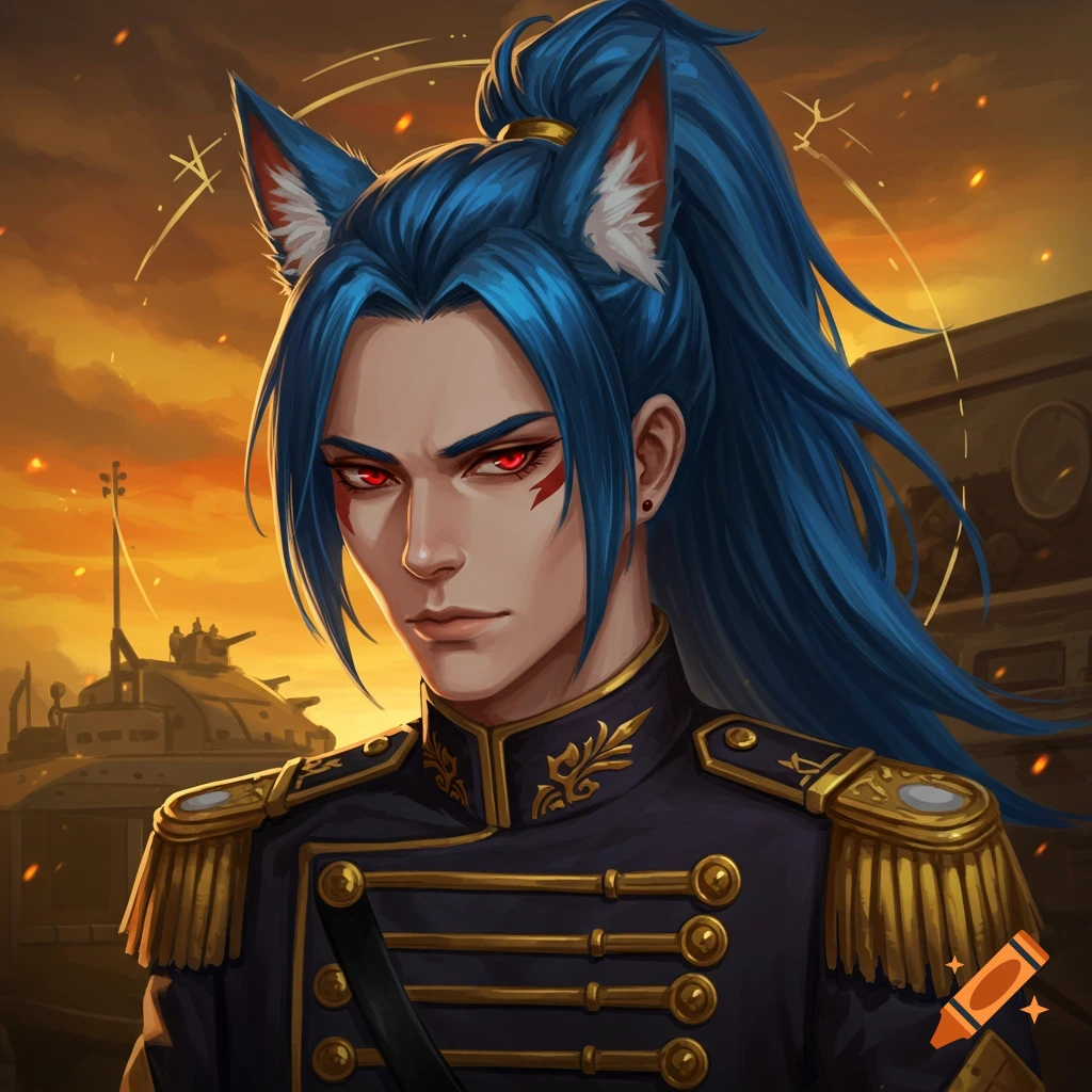 A fantasy character with cat ears and red eyes wears a military uniform on a battlefield.