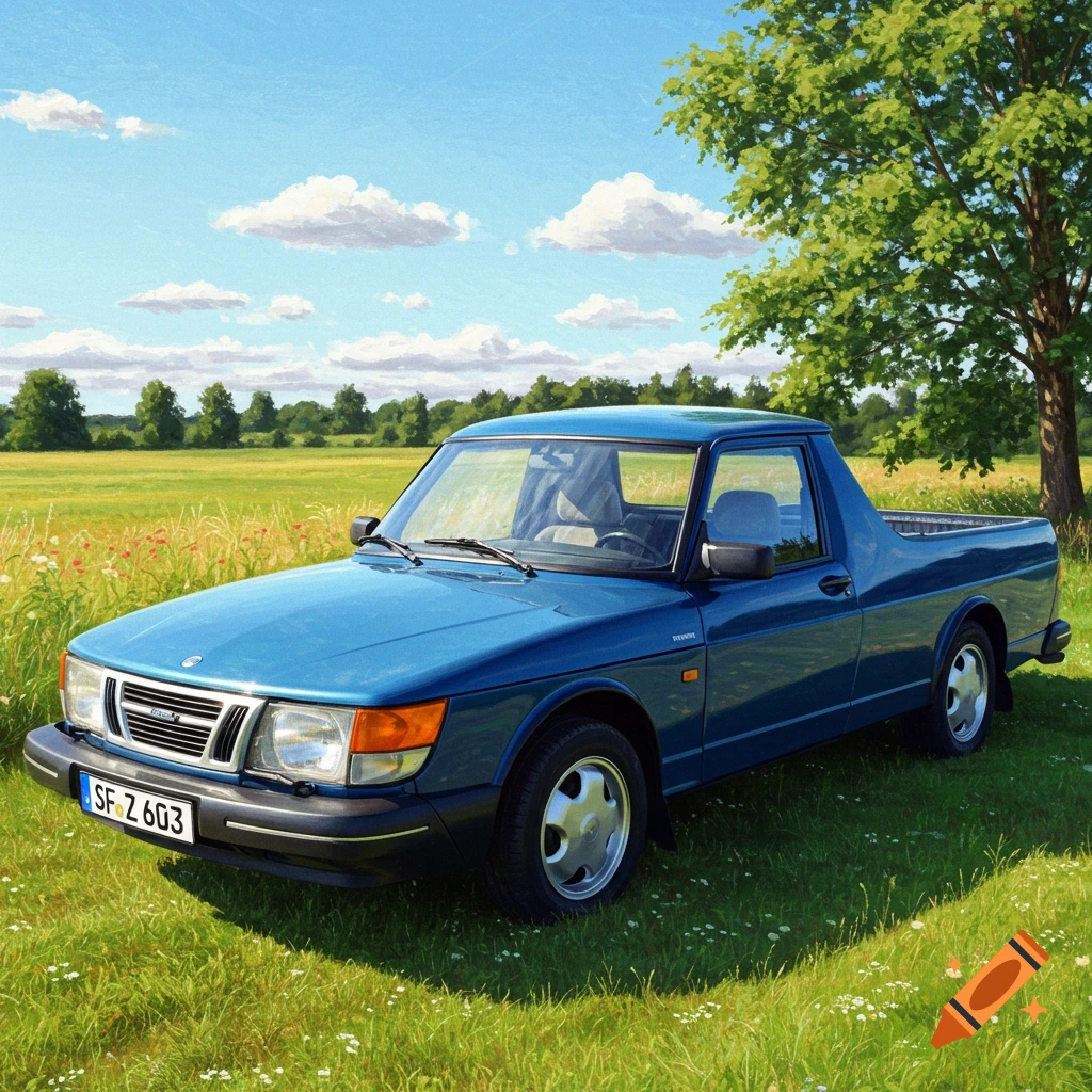 A blue Saab pickup truck is parked in a sunny field.