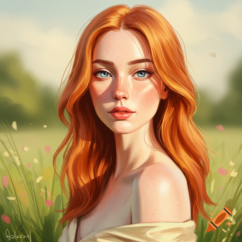 A woman with red hair and blue eyes in a field.