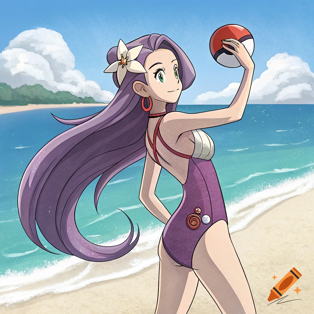 Anime image of Cynthia from Pokemon in a swimsuit on a beach, holding a  Pokeball. on Craiyon