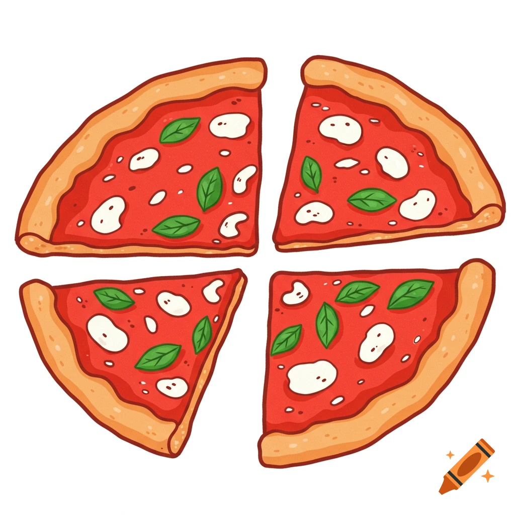 Cartoon illustration of four pizza slices