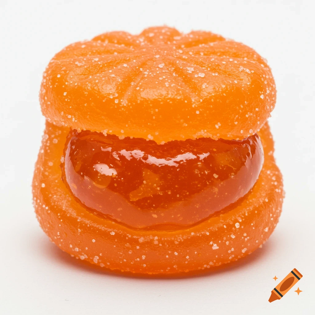 Close-up of an orange gummy candy resembling a mini-burger filled with jam.