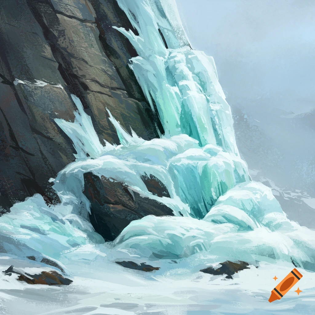 Ice formations cover a rock face with snow around the base.