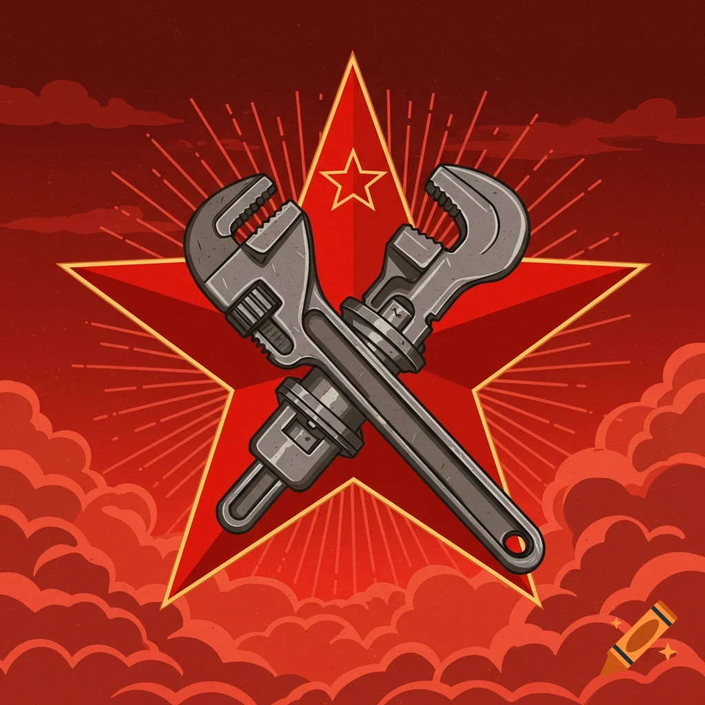 Crossed wrenches over a red star symbol with clouds.