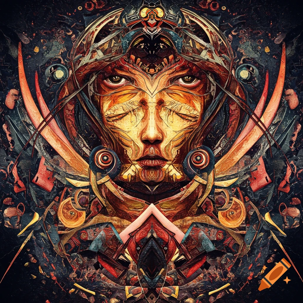 Abstract portrait of a face composed of intricate, colorful patterns, in an intense style