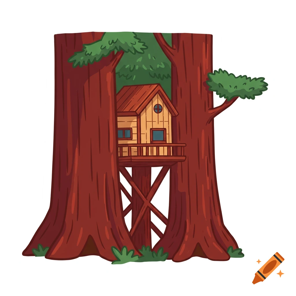 Cartoon illustration of a treehouse nestled between two large redwood trees.