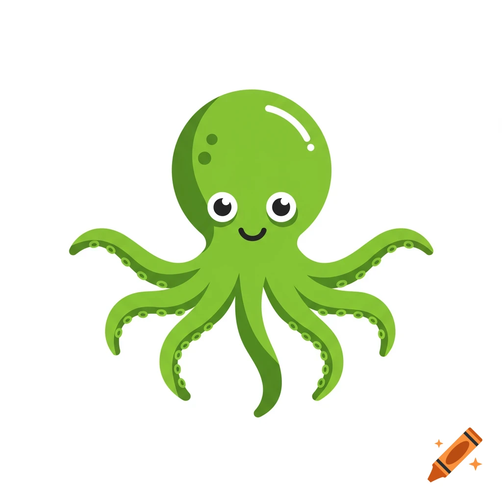 A simple, cartoony green octopus with suction cups on its tentacles.
