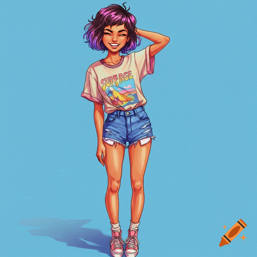 Illustration of a woman with purple hair wearing a surf style t-shirt and denim shorts