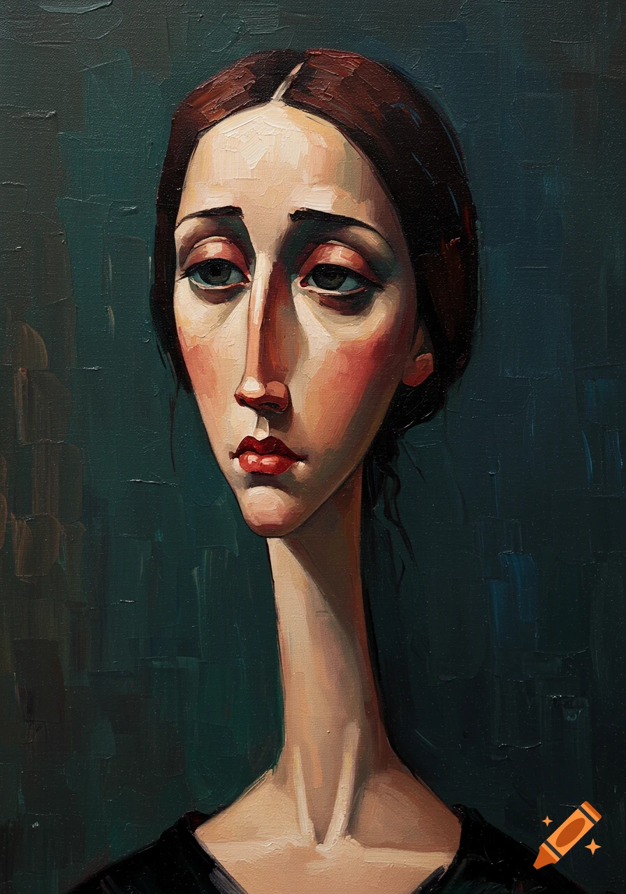 A painting of a woman in an expressionist style with elongated features and a somber expression.