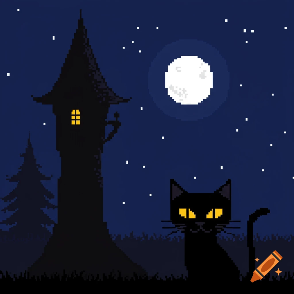 Pixel art of a black cat in front of a witch's tower at night under a full moon.