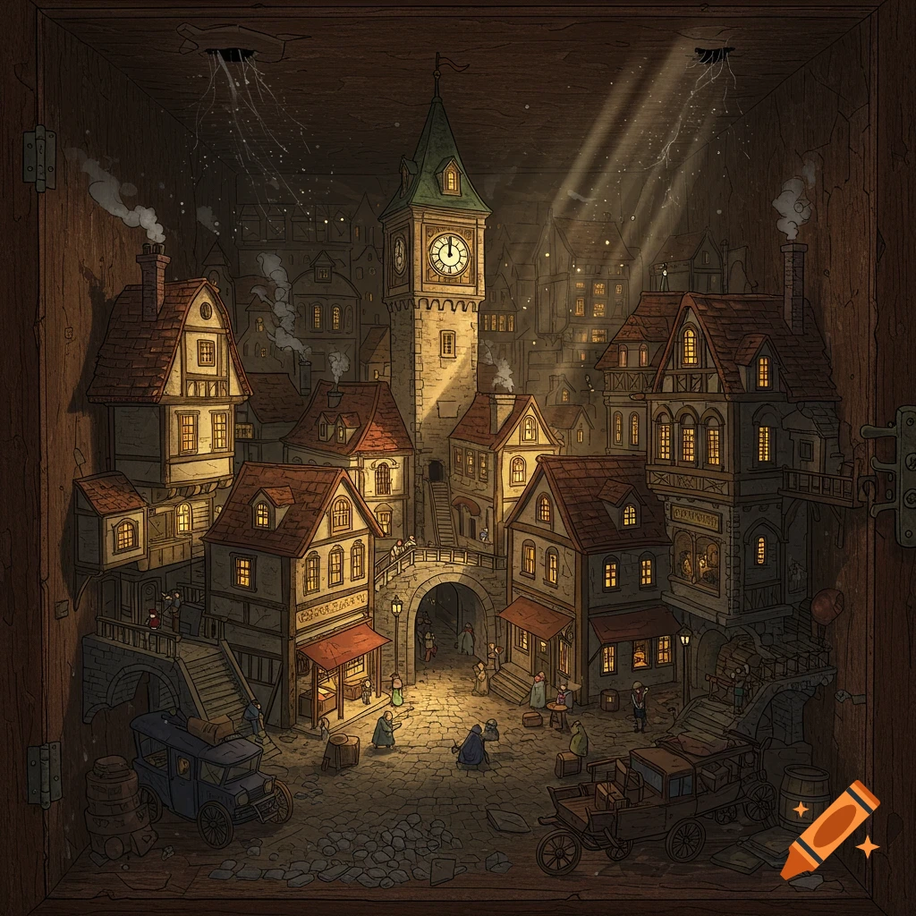 A miniature city inside a wooden closet, with buildings, a clock tower, people, and carriages.