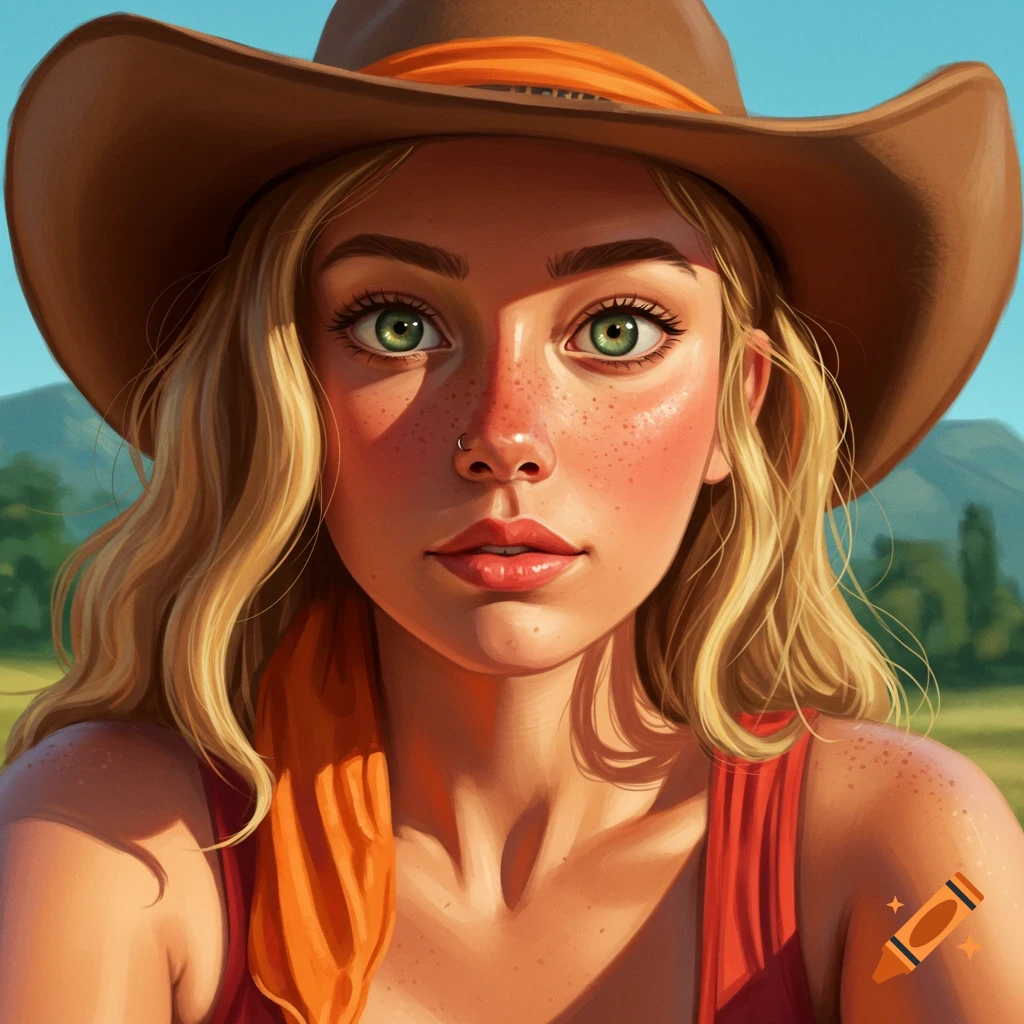 Portrait of a young woman in a cowboy hat with green eyes and freckles, outdoors.