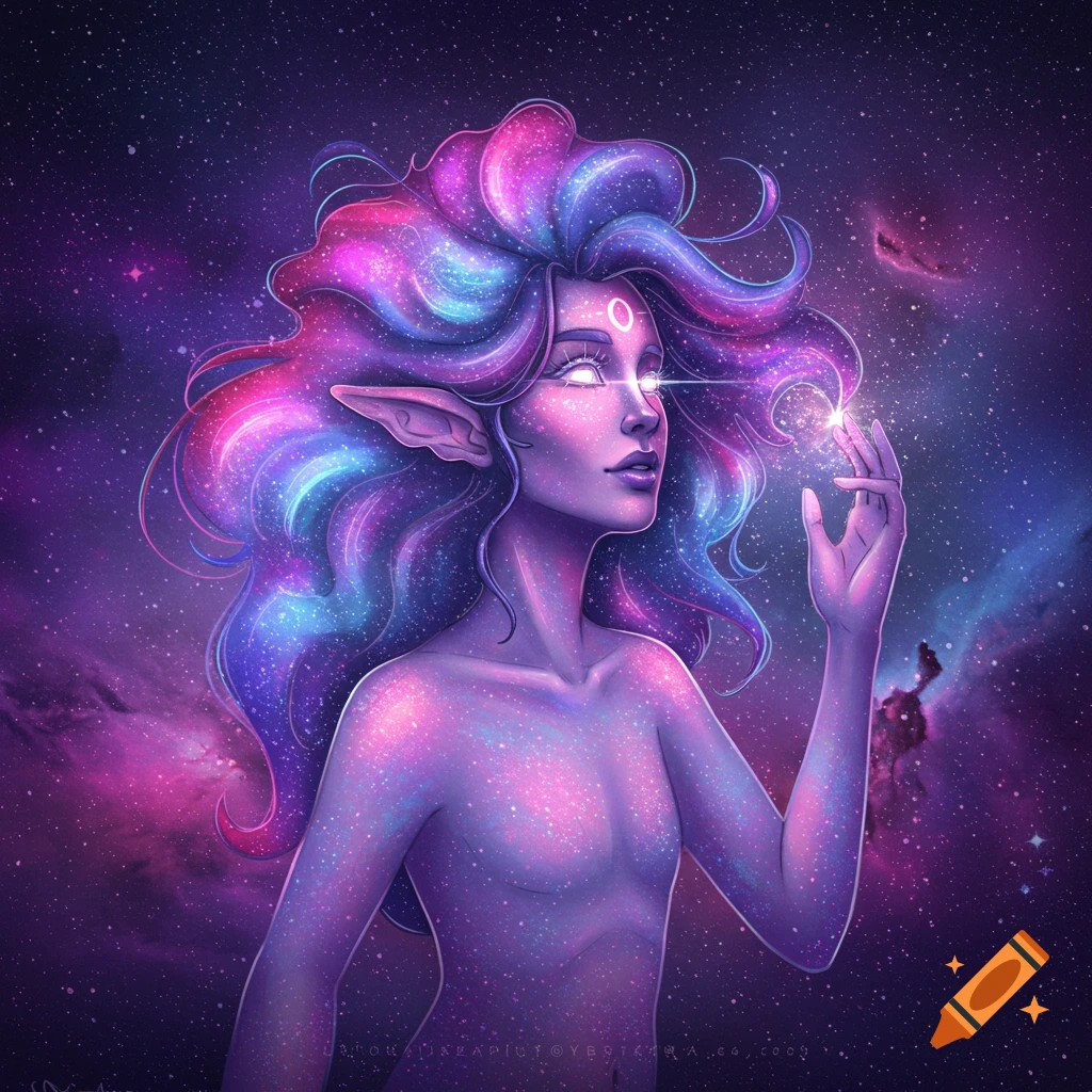 A purple alien-like creature with glowing eyes and galaxy-colored hair, holding a glowing orb in space.