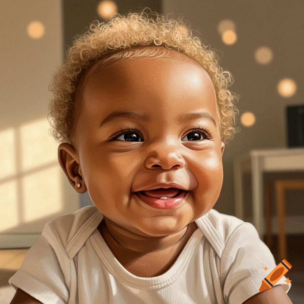 Portrait of a smiling baby with blonde curly hair wearing a white onesie.