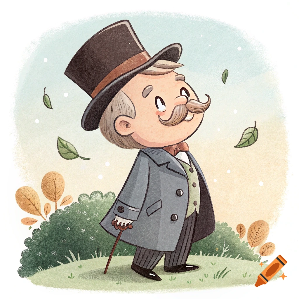 Cute cartoon illustration of a man with a top hat and mustache standing in a park.