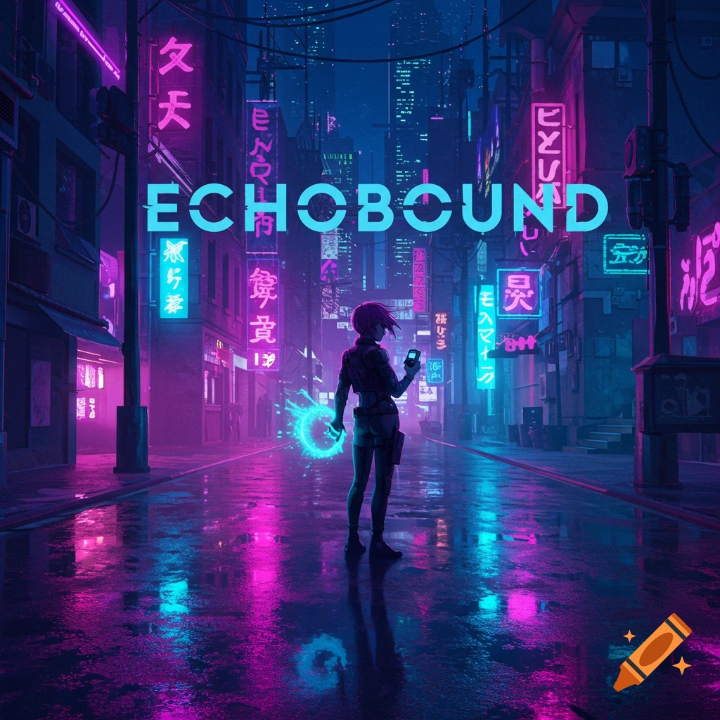 A figure stands in a neon-lit cyberpunk city street with the text ECHOBOUND and a glowing blue ring.