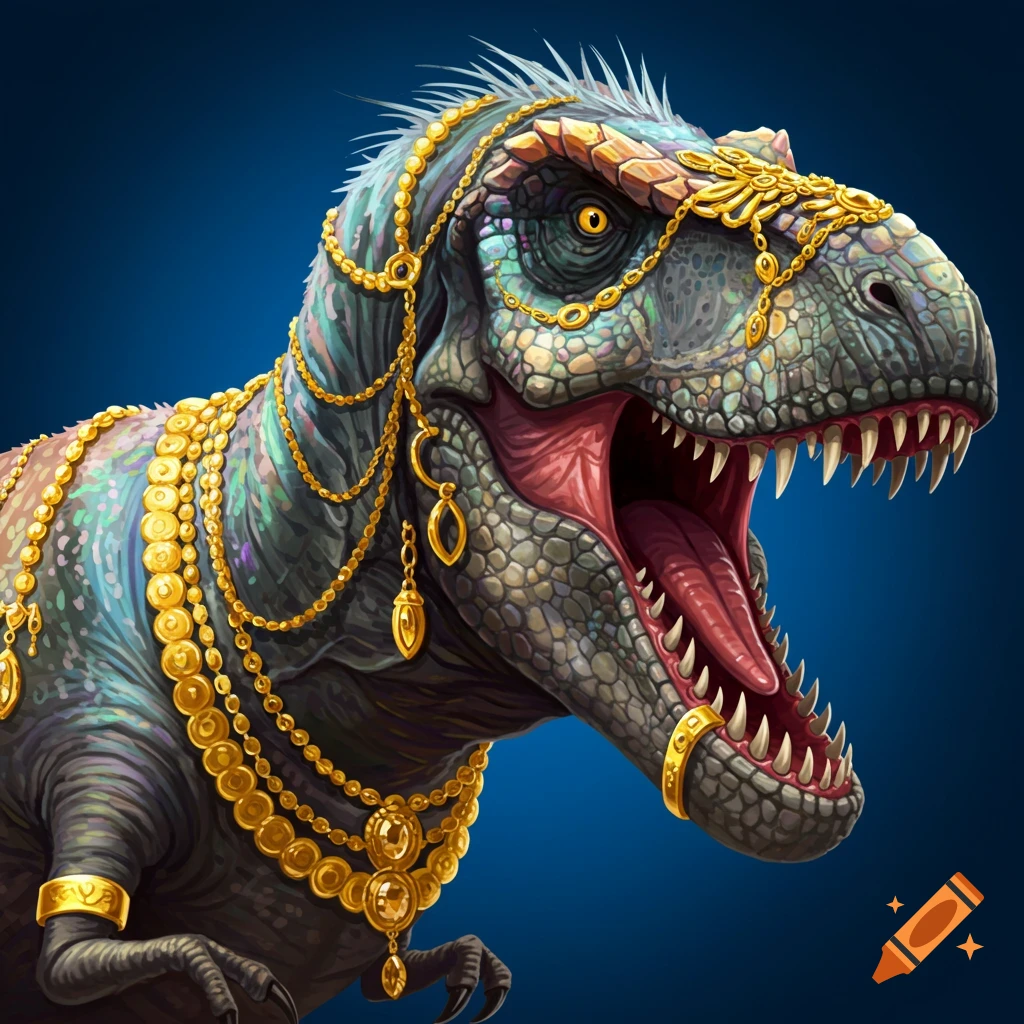 a dinosaur wearing elaborate gold jewelry