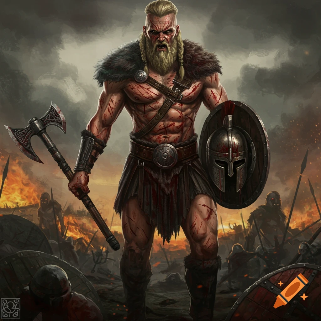 A bloody warrior holding an axe and shield in a fiery battlefield.