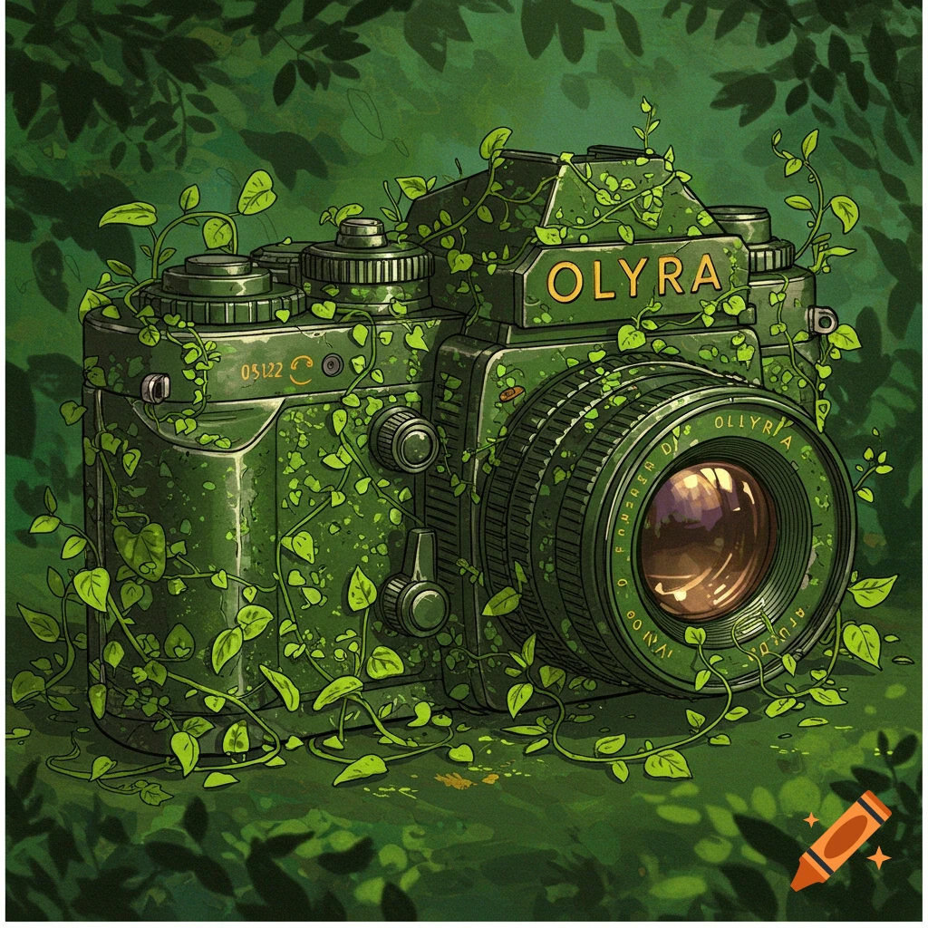 An old camera covered in green vines and leaves