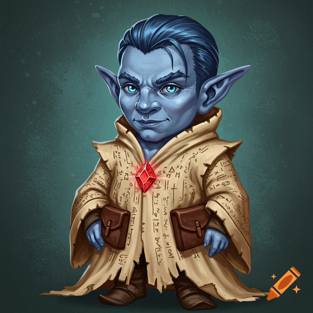 A small, blue-skinned fantasy creature in a beige robe with glowing red gem and mysterious inscriptions.