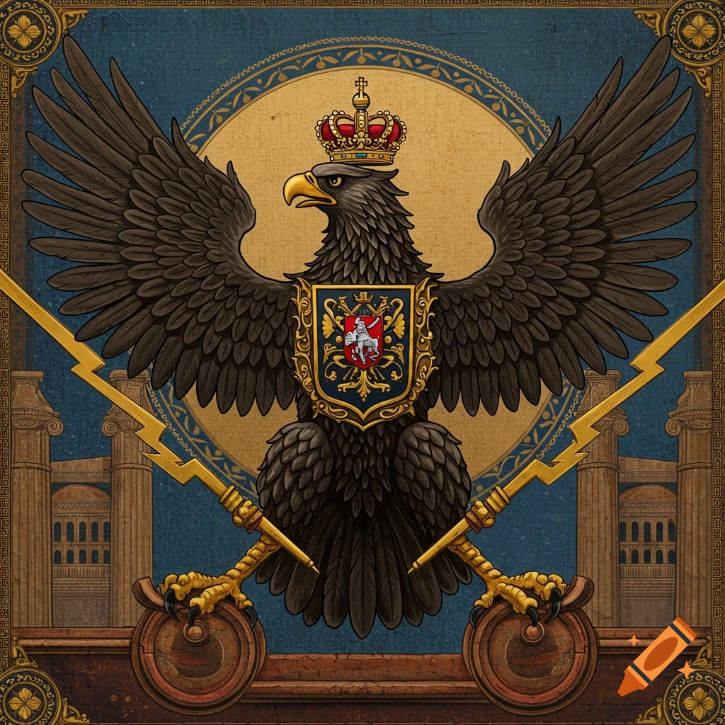 A crowned eagle with a shield holding lightning bolts, in a decorative, imperial style.
