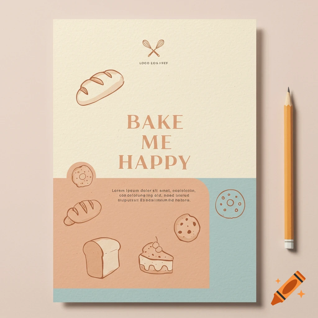 Flyer with illustrations of baked goods and text that reads "BAKE ME HAPPY"