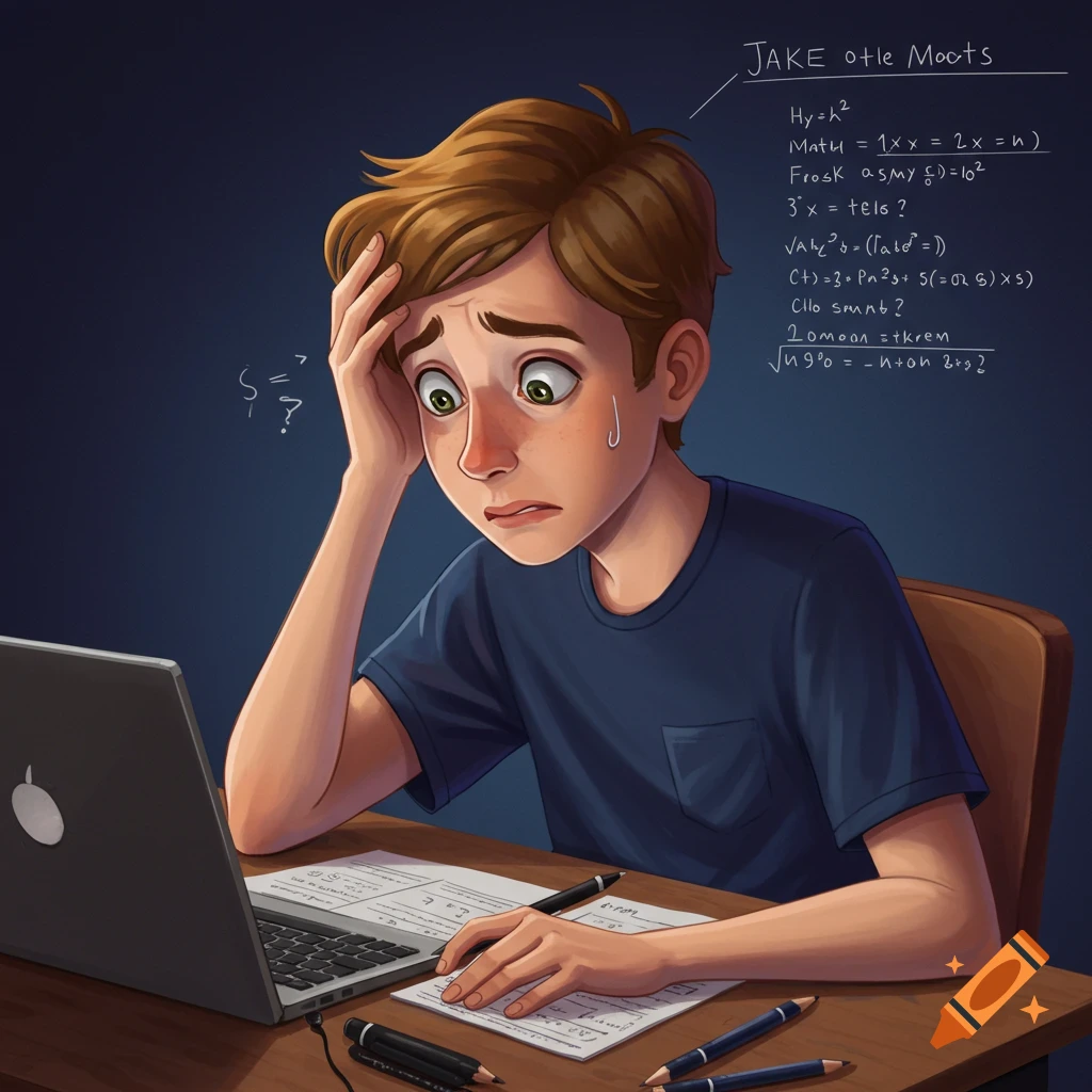 A stressed boy is struggling with an online exam at a desk with a laptop and papers.