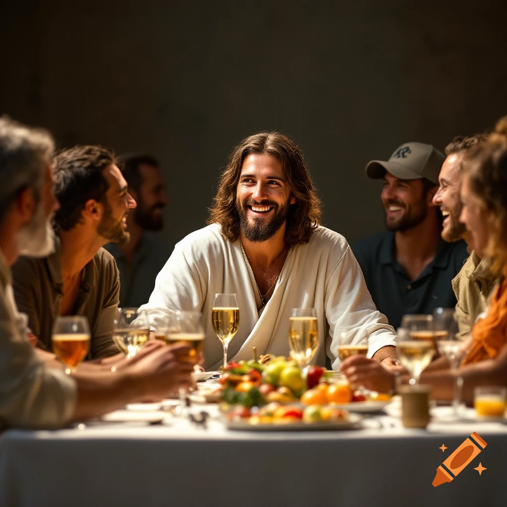 Photorealistic image of Jesus smiling at a table with a diverse group of men having dinner.