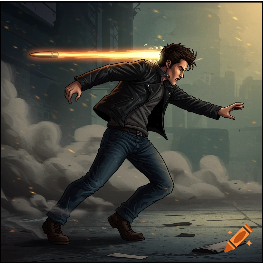 A man in a leather jacket dodges a glowing bullet in a smoky urban scene.
