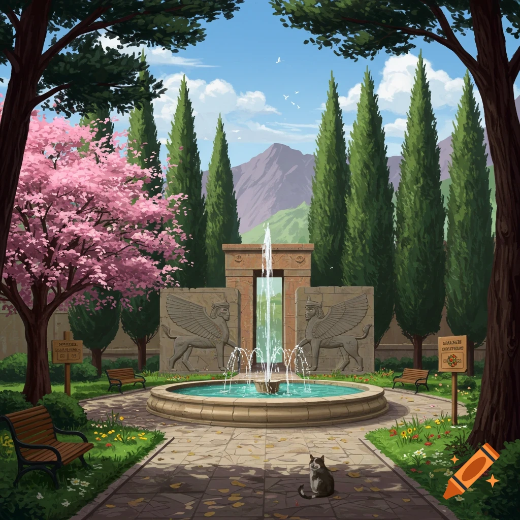 A park with a circular fountain, ancient stone carvings, tall trees, benches, and a cat.