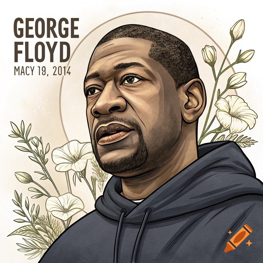 Stylized portrait illustration of George Floyd looking upwards, with ...