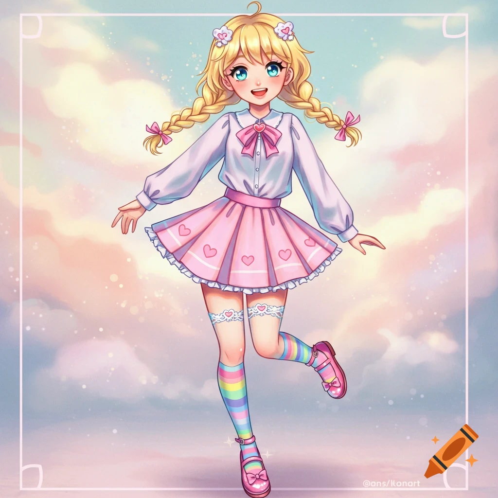 Cute anime girl with pink pigtails in a pastel fluffy outfit, smiling ...