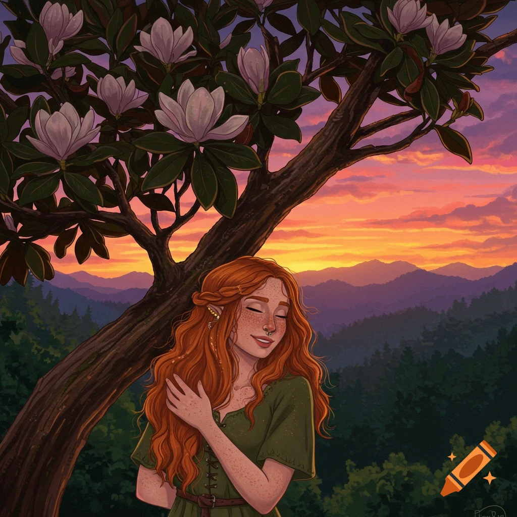 A redhead woman under a magnolia tree at sunset in the mountains.