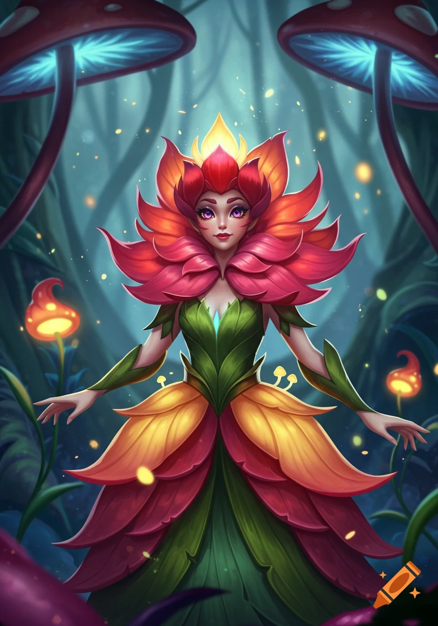 Anime illustration of a fantasy queen in a flower dress standing in a glowing mushroom forest.