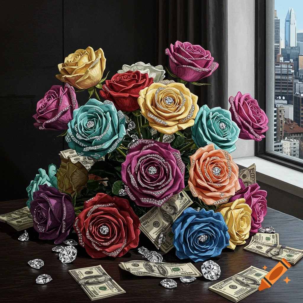 Colorful diamond-accented roses with scattered money and diamonds on a table by a window showing a city view.