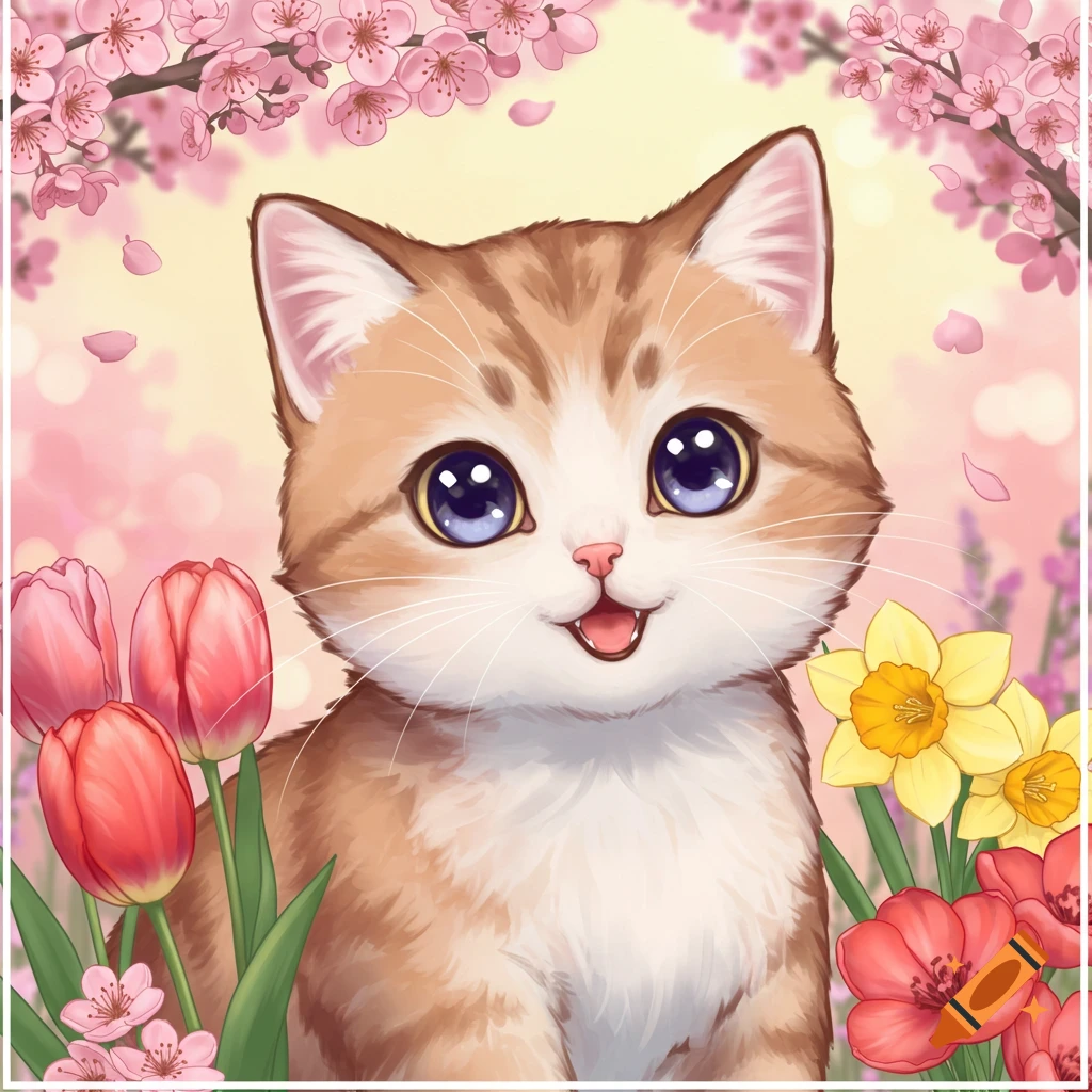 A cute anime-style cat with large eyes sits among pink tulips, yellow daffodils, and cherry blossoms.