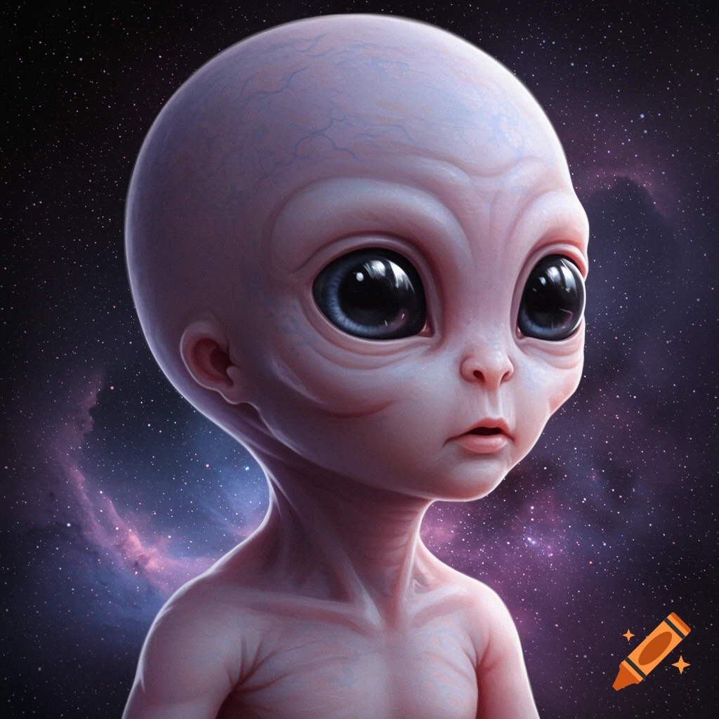 A cute baby alien with large eyes against a starry space background