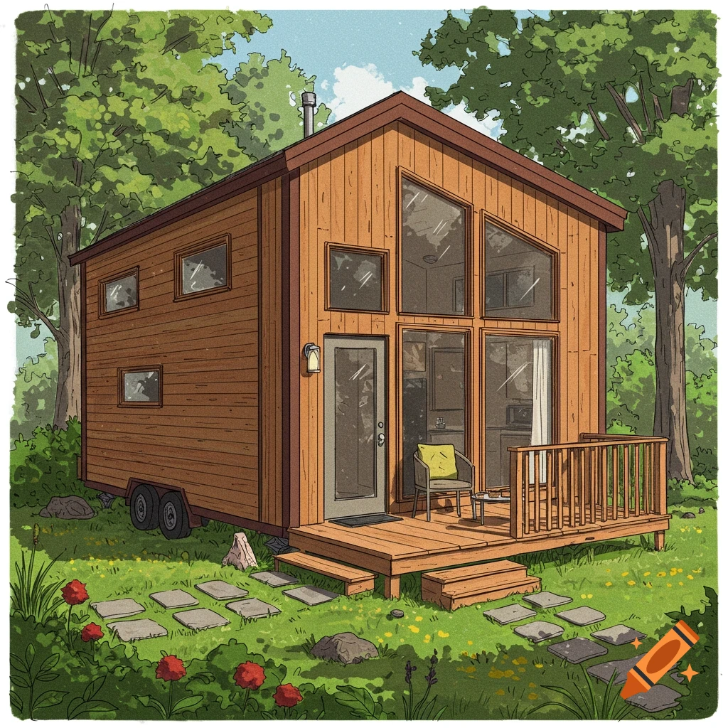 A cartoon illustration of a wooden tiny house on wheels with a front deck, surrounded by trees and a flowery meadow.