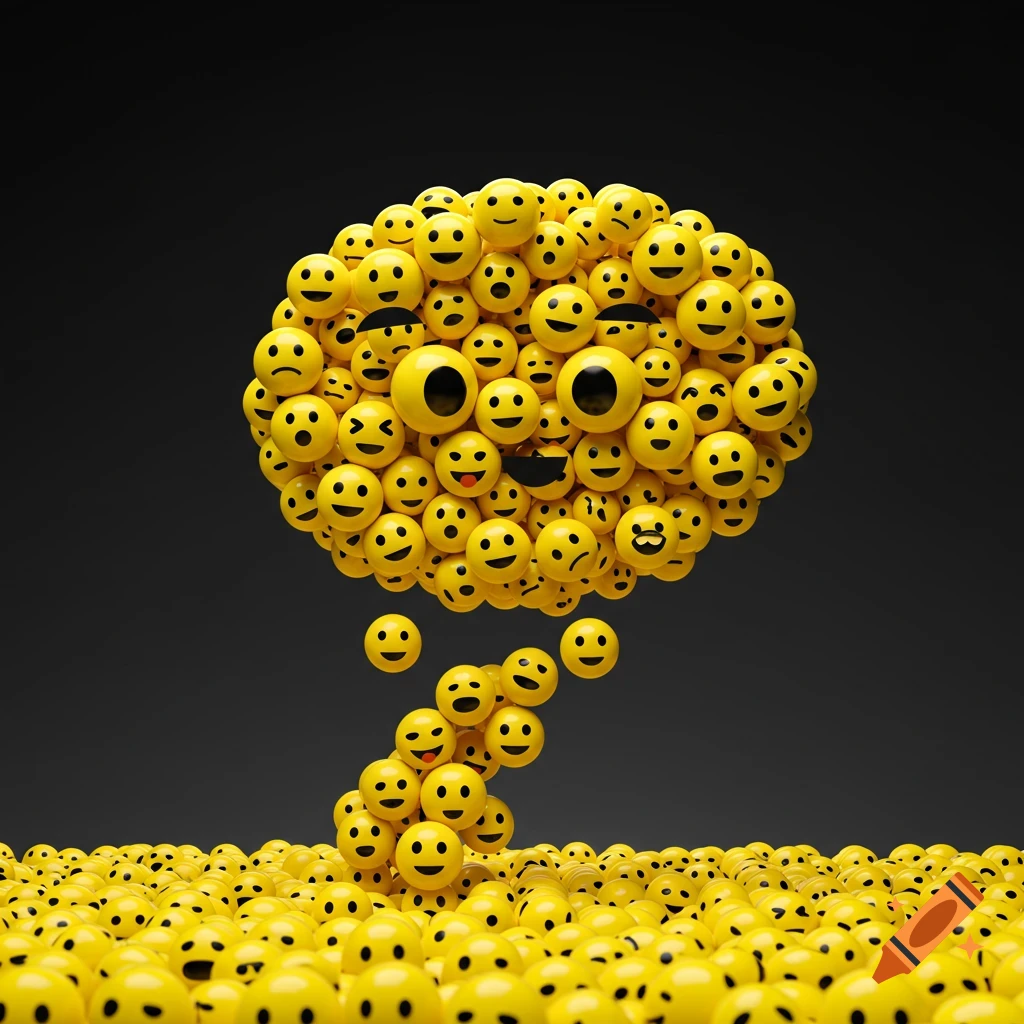 Large shape made of many yellow emojis resembling a thinking emoji rising from a field of emojis.