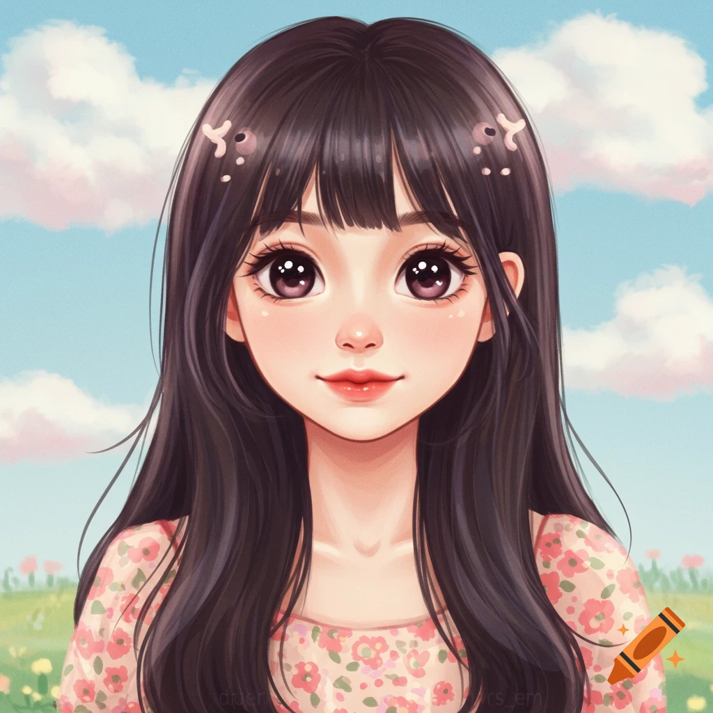 A cute woman with long dark hair in a floral dress against a sky and field background.