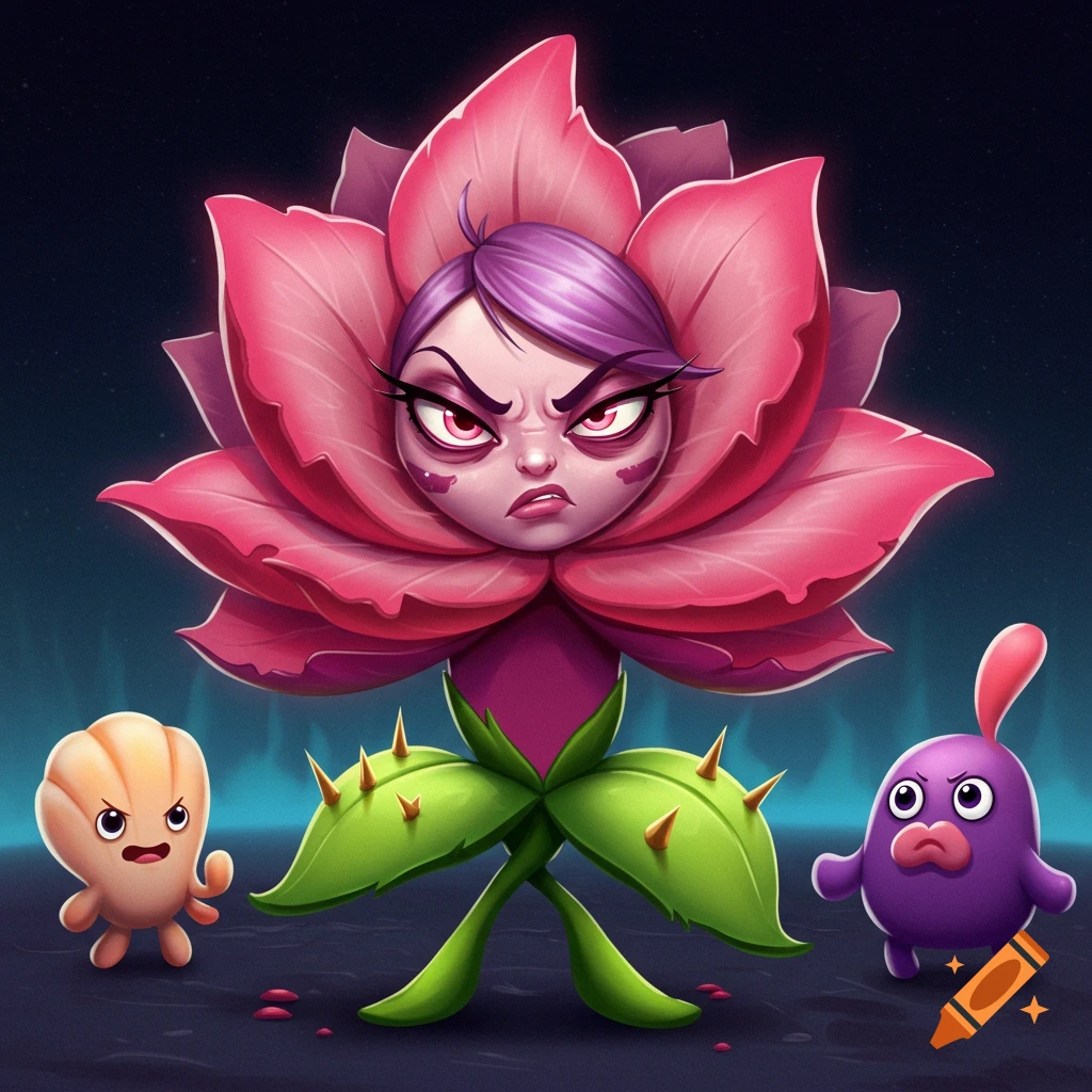 An angry pink flower creature with thorns and two small companion creatures.